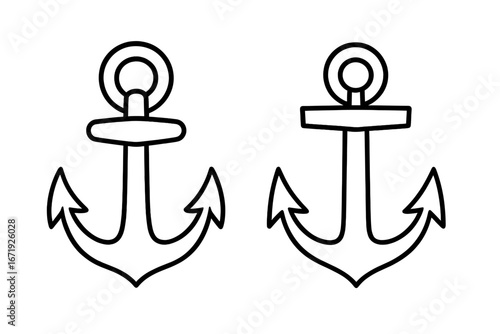 Two simple black and white anchor vector designs showing different styles and shapes with clean lines and minimalist nautical theme, cartoon illustration on transparent background