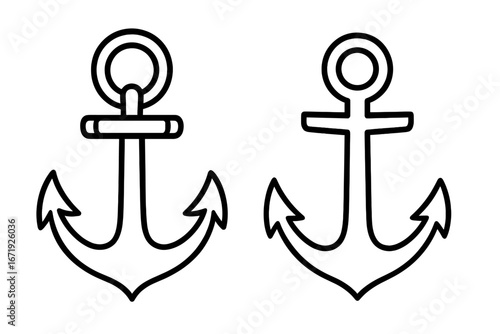 Two simple black and white anchor designs, nautical symbols with different styles and shapes, vector cartoon illustration on transparent background, maritime and marine icons