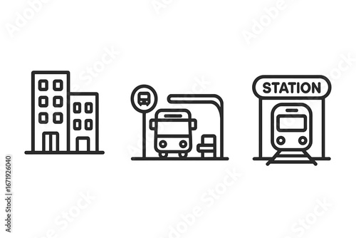 Transit-oriented development icons vector set featuring mixed-use buildings, bus stop, and train station outline illustrations for urban planning and transportation design