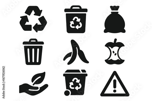 Waste management solid icons set with recycling symbols, garbage bins, eco-friendly waste, composting, biodegradable and hazardous waste signs, vector cartoon illustration