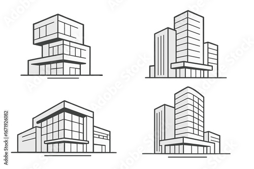 Modern architectural sketches showcasing sleek, minimalistic building designs in vector cartoon style with transparent background, ordered set, contemporary urban architecture concept
