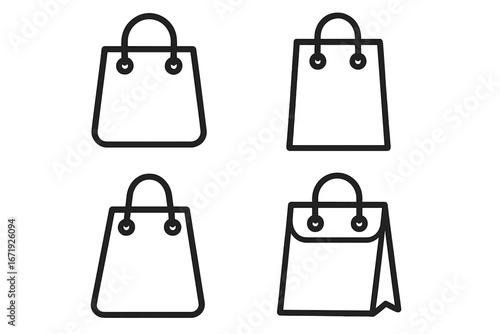 Shopping Bag Icon Set, Package Shopper Outline Icons, Vector Illustration Collection of Four Bags with Transparent Background for E-commerce, Retail, and Packaging Design