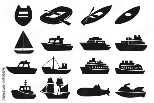 Nautical transportation silhouette icon set, boats, ships and water vehicles collection, black vector cartoon illustration on transparent background, ordered marine vessels design
