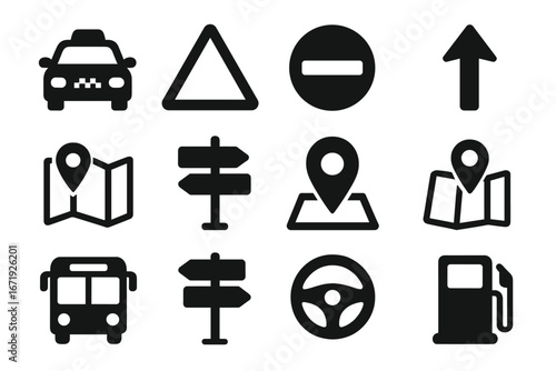 Transportation Silhouette Icon Set with Taxi, Road Signs, Navigation Markers, Bus, Steering Wheel, Fuel Pump, Arrow and Map Pointers, Vector Cartoon Illustration Transparent Background
