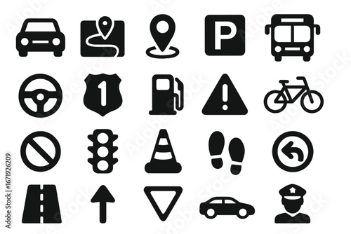 Transportation and Road Safety Solid Icon Set with Traffic, Navigation, Parking, and Vehicle Symbols, Vector Cartoon Illustration on Transparent Background, Ordered Set 3