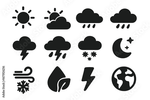 Weather and climate icons set, solid filled vector symbols, atmospheric and environmental signs, cartoon style illustration, transparent background, ordered collection