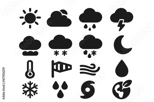 Weather and Climate Icons Set – Solid Filled Atmospheric and Environmental Symbols Vector Cartoon Illustration with Transparent Background – Ordered Complete Weather Symbol Collection