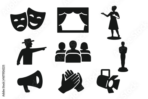 Theater and performance silhouette icon set, drama stage acting symbols collection, theatrical masks, audience, director, actress, applause, film lighting, award statue vector clipart