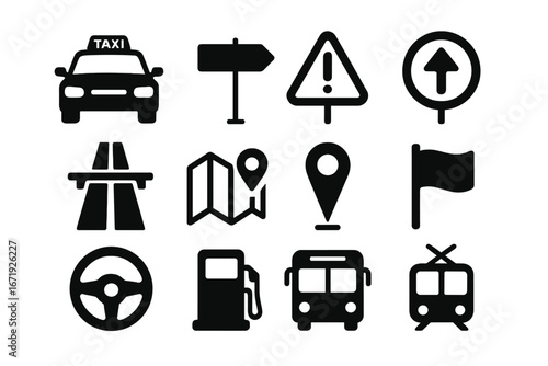 Transportation silhouette icon set with taxi, road signs, navigation markers, highway, steering wheel, fuel pump, bus, and tram solid vector collection, cartoon style with transparent background