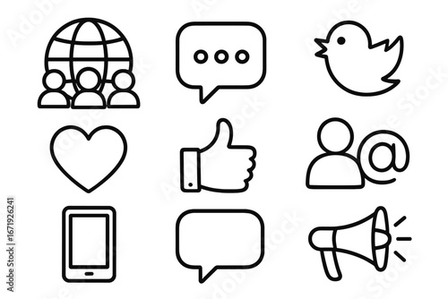 Social media icons set with network, feedback, communication, and online interaction symbols, outline vector icons, cartoon style, transparent background, ordered collection