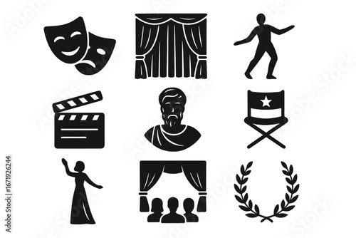 Theater and Performance Silhouette Icon Set Featuring Drama Masks, Stage Curtains, Acting Poses, Film Clapperboard, Director’s Chair, Audience Silhouettes, and Laurel Wreath Emblems