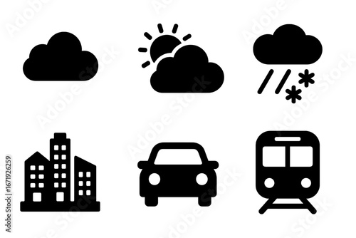 Weather and transportation solid icons set with cloud, cityscape, car, train, and sun, filled vector cartoon illustration for commute and urban lifestyle transparent background ordered set 2