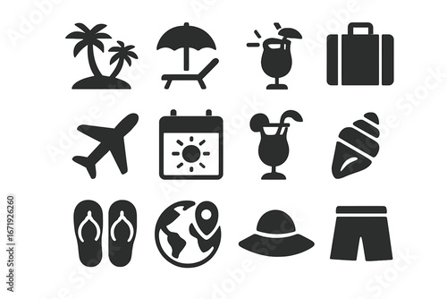 Tropical vacation solid icons set with beach elements, holiday and travel symbols, vector cartoon illustration with transparent background, ordered summer holiday icons collection