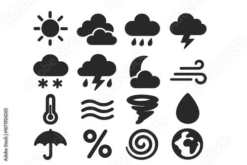 Weather and Climate Icons Set – Solid Filled Atmospheric and Environmental Symbols Vector Cartoon Illustration with Transparent Background, Ordered Collection of Meteorology and Nature Icons