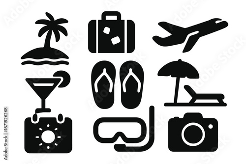 Tropical vacation solid icons set including beach, holiday, travel symbols, suitcase, flip flops, snorkeling gear, camera, cocktail, palm tree, airplane, and sun umbrella vector cartoon illustration