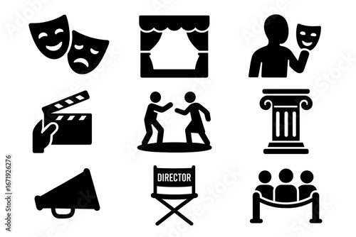 Theater and Performance Silhouette Icon Set, Drama Masks, Stage Curtain, Acting Figures, Director Chair, Movie Clapperboard, Megaphone, Classical Pillar, Audience Vector Symbols