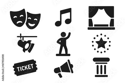 Theater and Performing Arts Icon Set, Drama and Music Symbols, Stage and Entertainment Vector Illustration, Solid Black Icons Collection with Transparent Background
