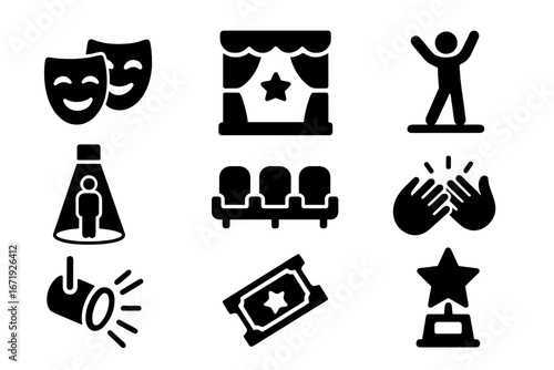 Theater and performing arts solid icon set with drama, stage, performance symbols in bold style, vector cartoon illustration, transparent background, entertainment and culture design elements