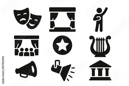 Theater and Performing Arts Solid Icon Set, Drama Stage Performance Symbols, Vector Cartoon Illustration with Transparent Background, Entertainment and Culture Icons Collection