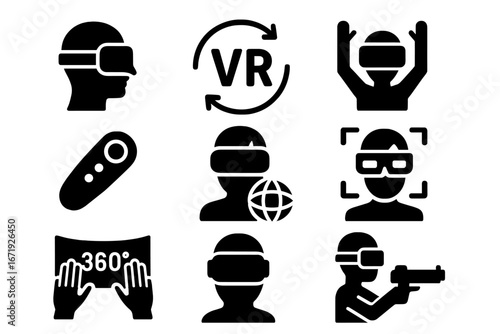 Virtual reality solid icon set, immersive technology symbols, VR headset, 360-degree experience, remote control, augmented reality glasses, digital interaction, futuristic tech collection