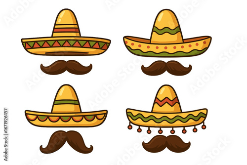 Unique Sombrero and Mustache Vector Designs for Festive Celebrations, Cultural Events, Mexican Party Icons, Traditional Hats and Classic Moustaches, Colorful Cartoon Illustrations Set