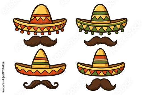 Unique Sombrero and Mustache Designs for Festive Celebrations and Traditional Mexican Cultural Events, Vector Cartoon Illustrations, Colorful Hats and Stylish Facial Hair Set