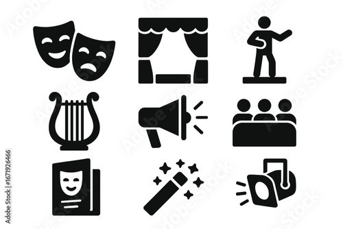 Theater and performing arts solid icon set, drama stage performance vector cartoon illustration, entertainment symbols, culture arts design elements with transparent background