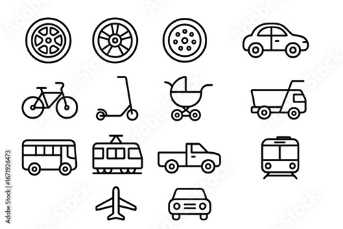 Wheel and Transport Line Icons Set – Outline Vector of Mobility and Vehicle Symbols including Bicycle, Scooter, Car, Truck, Bus, Tram, Airplane, and Baby Stroller with Transparent Background