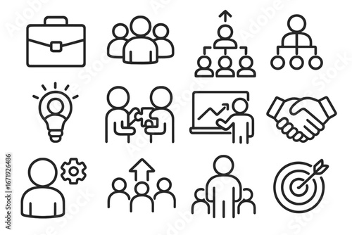 Minimalist Line Art Business and Teamwork Icons Set, Vector Cartoon Illustrations for Corporate Concepts, Collaboration, Leadership, Innovation, and Success in Transparent Background