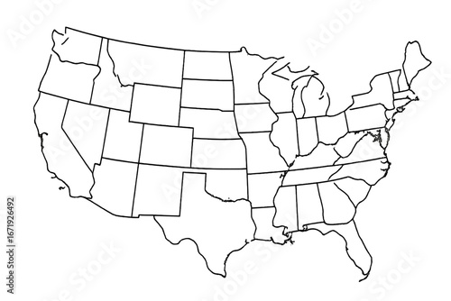 Highly detailed vector USA map with clear state borders, linear icon style, transparent background, isolated elements, cartoon illustration, perfect for business and travel designs