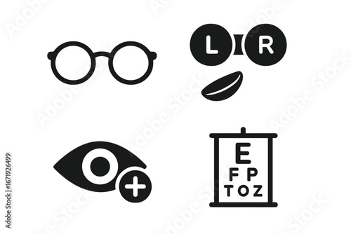 Vision care solid icon set including eyeglasses, contact lenses, eye health symbols, eye examination chart, and vision enhancement vector cartoon collection with transparent background