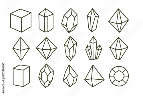 Collection of Various Geometric and Crystal Shapes Black Line Art for Design Inspiration, Vector Cartoon Illustration Set, Abstract Faceted Gems, Minerals, and Prisms