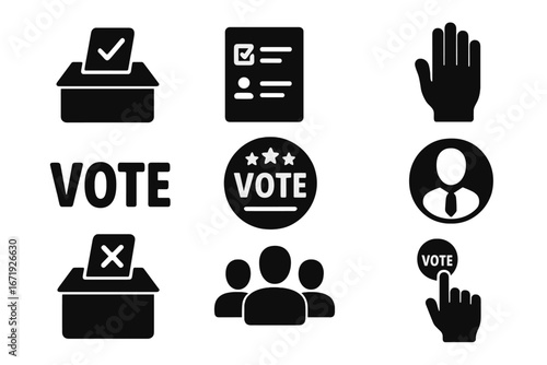 Voting and election solid icon set with ballot box, democracy symbols, poll icons, voting check marks, candidate profile, and crowd silhouettes vector cartoon illustration