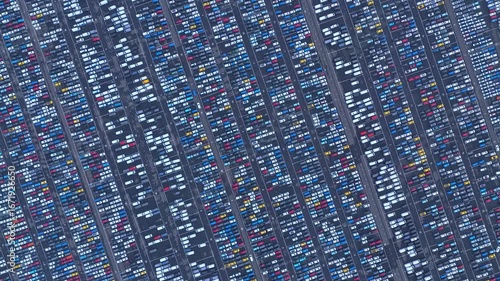Aerial view of global auto hub with rows of parked vehicles, Netherlands