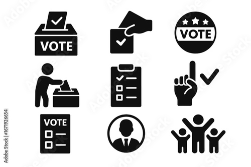 Voting and election solid icon set with ballot box, democracy symbols, and poll icons collection in vector cartoon style, transparent background, election concept, civic participation icons