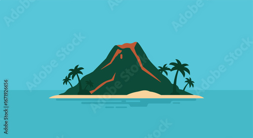 View of volcano eruption and palm trees on tropical island in the sea