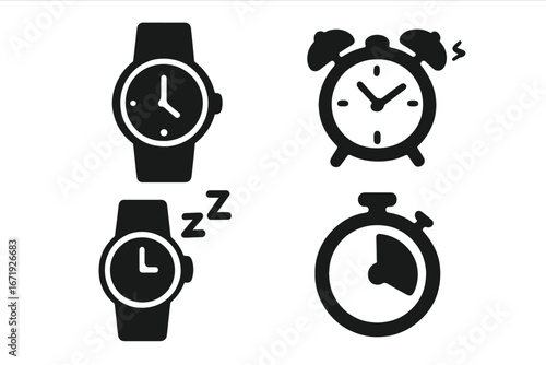 Watch silhouette icon set with time, alarm, sleep mode, and timer symbols in black vector cartoon style with transparent background, ordered collection for time management and reminders