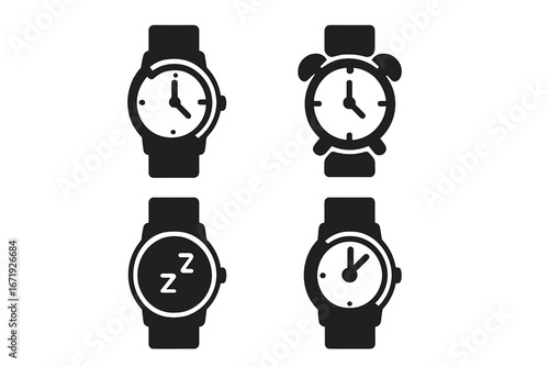Watch silhouette icon set with time, alarm, sleep, timer concepts, black simple vector symbols, cartoon style wristwatch icons, transparent background, ordered set