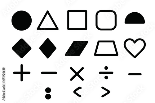 Collection of Various Geometric Shapes and Mathematical Symbols in Minimalist Vector Style for Artistic, Educational, and Design Purposes with Transparent Background