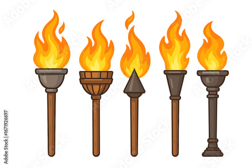 Various styles of torches with bright flames for design inspiration and creative art projects, vector cartoon illustration set with transparent background, ordered collection of fiery torches