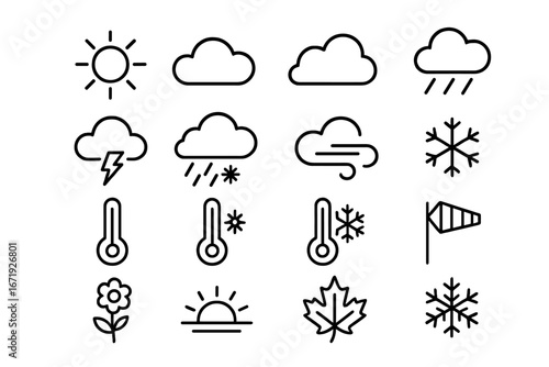 Weather and seasons outline icons set, linear and silhouette climate symbols, forecast signs vector, cartoon style, transparent background, seasonal and meteorological illustrations collection