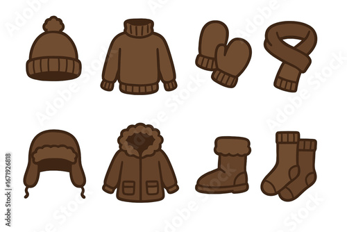 Winter clothing filled icons set – solid cozy fashion apparel symbols, warm hats, mittens, scarves, jackets, boots, and socks vector cartoon illustration with transparent background ordered set