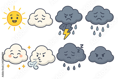 Weather and Mood Illustrations Depicting Various Atmospheric Conditions and Emotional States for Visual Communication, Vector Cartoon Set with Transparent Background, Cute Clouds and Sun Characters