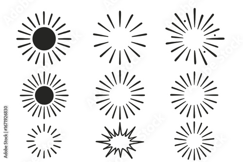 Sunburst rays vector icons collection, sunbeam explosion rays set, cartoon style radiant starburst illustrations, transparent background, decorative design elements, ordered vector set