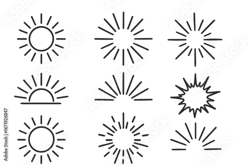 Sunburst rays icons collection, sunbeam explosion rays set, vector cartoon illustration, transparent background, ordered sunburst rays vector icons, graphic elements