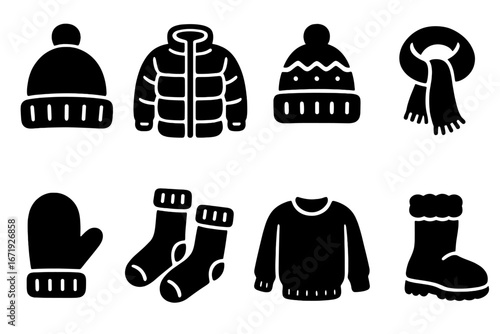 Winter clothing icons set with solid cozy fashion apparel symbols, vector cartoon illustration, warm hat, jacket, mittens, socks, sweater, scarf, and boots with transparent background