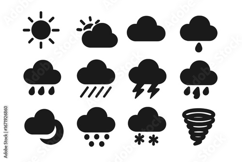 Weather forecast icon set solid, climate symbols collection, storm rain cloud sun snow lightning tornado vector cartoon illustration transparent background ordered set