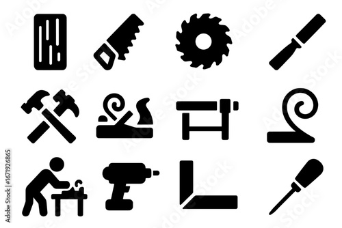 Woodworking solid icons set with filled carpentry and crafting symbols, vector cartoon illustration, transparent background, tools for woodworking projects and DIY crafting collection