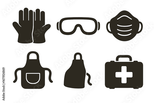 Wood carving safety icons set with solid filled vector illustrations of protective gloves, goggles, dust mask, apron, and first aid kit for workshop safety and craft protection