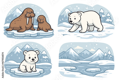 Winter Wildlife of the Arctic Featuring Walruses and Polar Bears in Snowy Frozen Landscapes, Cute Cartoon Animal Illustrations on Ice Floes in Cold Arctic Environment